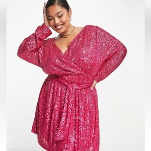 ASOS DESIGN Curve sequin long sleeve wrap mini dress with belt in pink - 14 XL